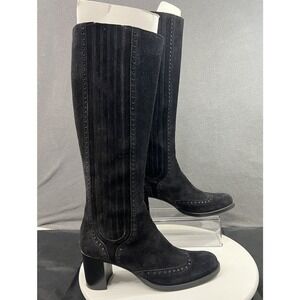Testoni Italian Tall Pull On Boots Suede Wingtip Black Womens Size 10 EU 40 EUC